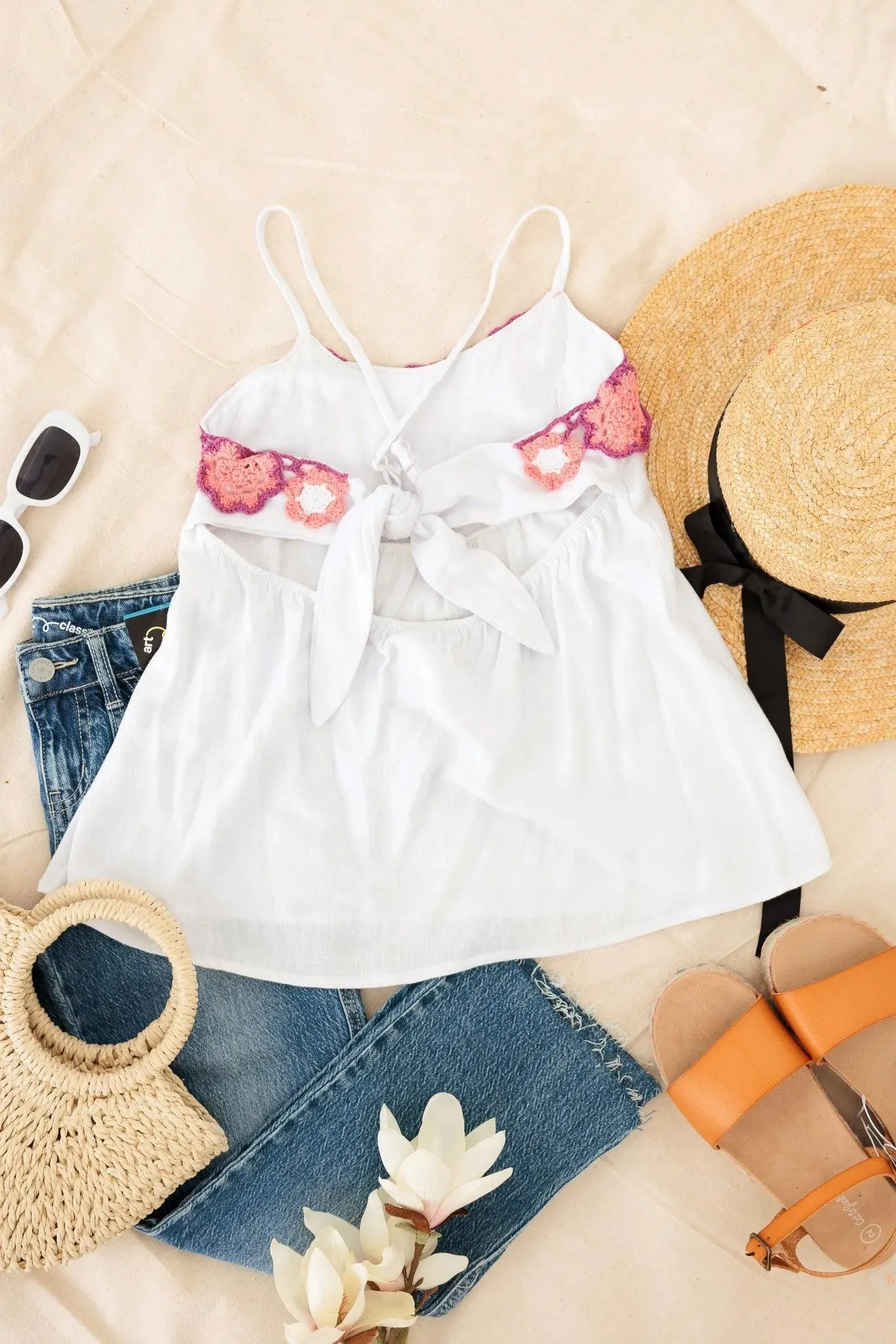 Girls Embroidered Criss-Cross Back Tie Sleeveless Top