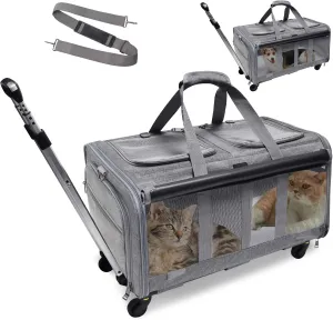 GJEASE Cat Rolling Carrier for 2 Cats,Double-Compartment Pet Rolling Carrier with Wheels for 2 Pets,for Up to 35 LBS,Super Ventilated Design,Ideal for Traveling/Hiking/Camping