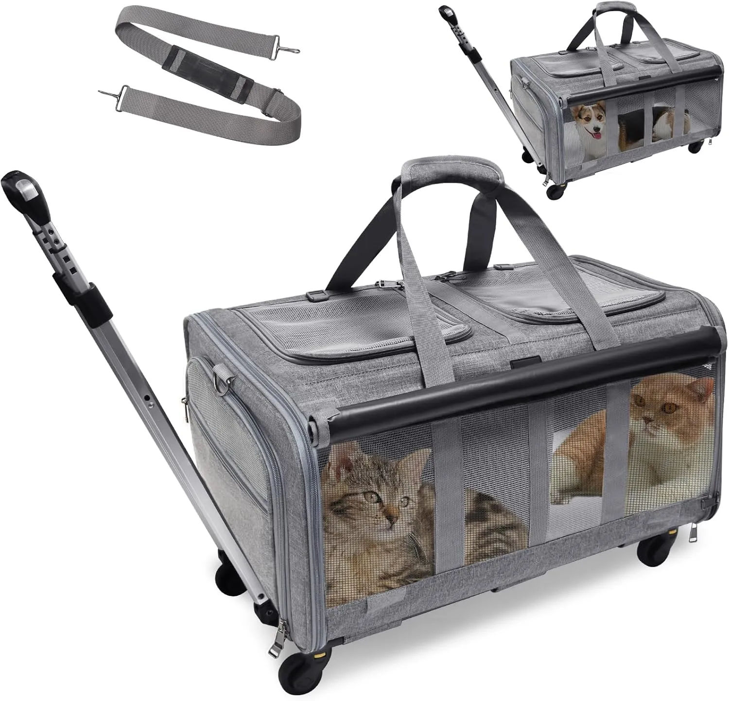 GJEASE Cat Rolling Carrier for 2 Cats,Double-Compartment Pet Rolling Carrier with Wheels for 2 Pets,for Up to 35 LBS,Super Ventilated Design,Ideal for Traveling/Hiking/Camping