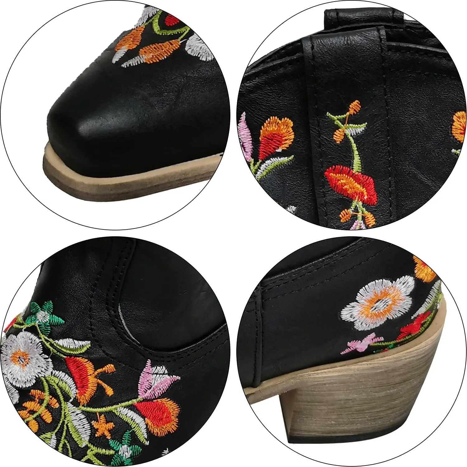 gloryinterest Cowboy Boots for Women Ankle Cowgirl Boots Western Flower Embroidered Square Toe Chunky Heel Stitched Retro Black Brown Red Blue Yellow Purple US5.5-10.5
