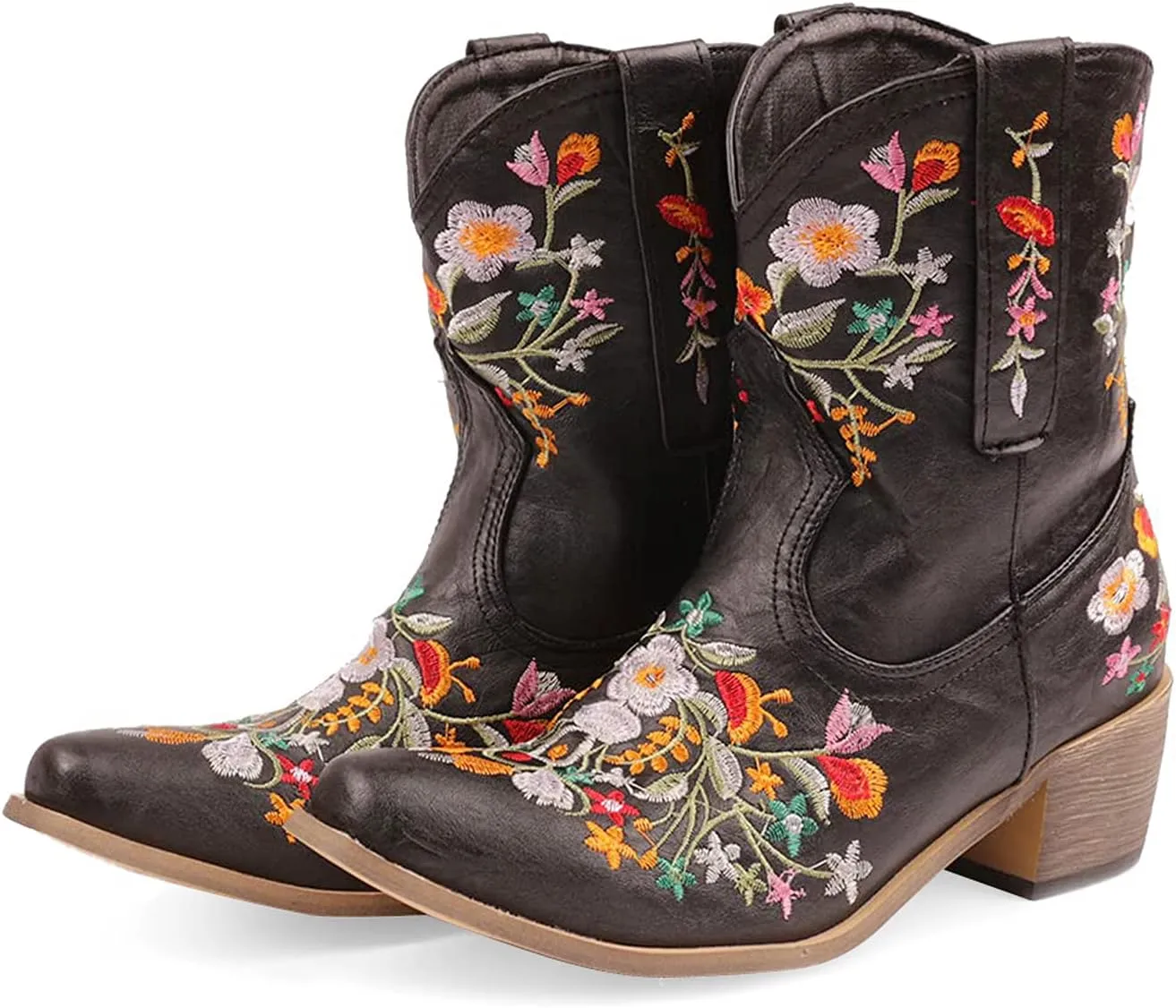 gloryinterest Cowboy Boots for Women Ankle Cowgirl Boots Western Flower Embroidered Square Toe Chunky Heel Stitched Retro Black Brown Red Blue Yellow Purple US5.5-10.5