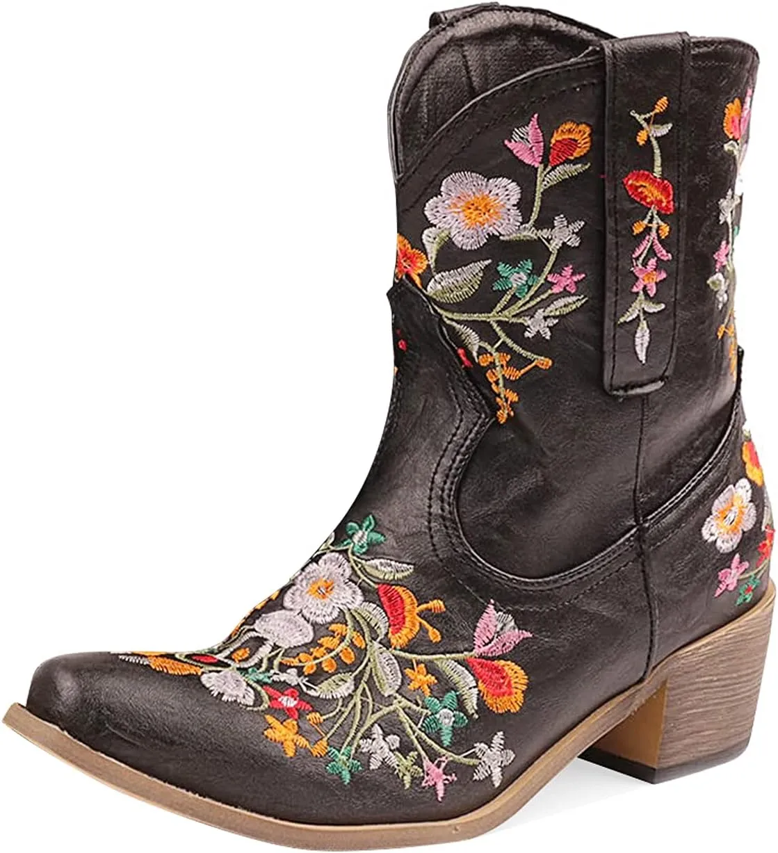 gloryinterest Cowboy Boots for Women Ankle Cowgirl Boots Western Flower Embroidered Square Toe Chunky Heel Stitched Retro Black Brown Red Blue Yellow Purple US5.5-10.5
