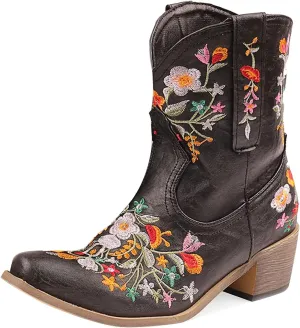 gloryinterest Cowboy Boots for Women Ankle Cowgirl Boots Western Flower Embroidered Square Toe Chunky Heel Stitched Retro Black Brown Red Blue Yellow Purple US5.5-10.5