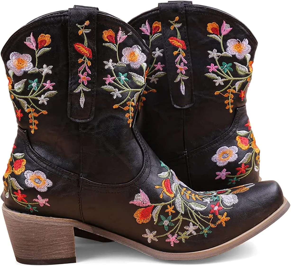 gloryinterest Cowboy Boots for Women Ankle Cowgirl Boots Western Flower Embroidered Square Toe Chunky Heel Stitched Retro Black Brown Red Blue Yellow Purple US5.5-10.5
