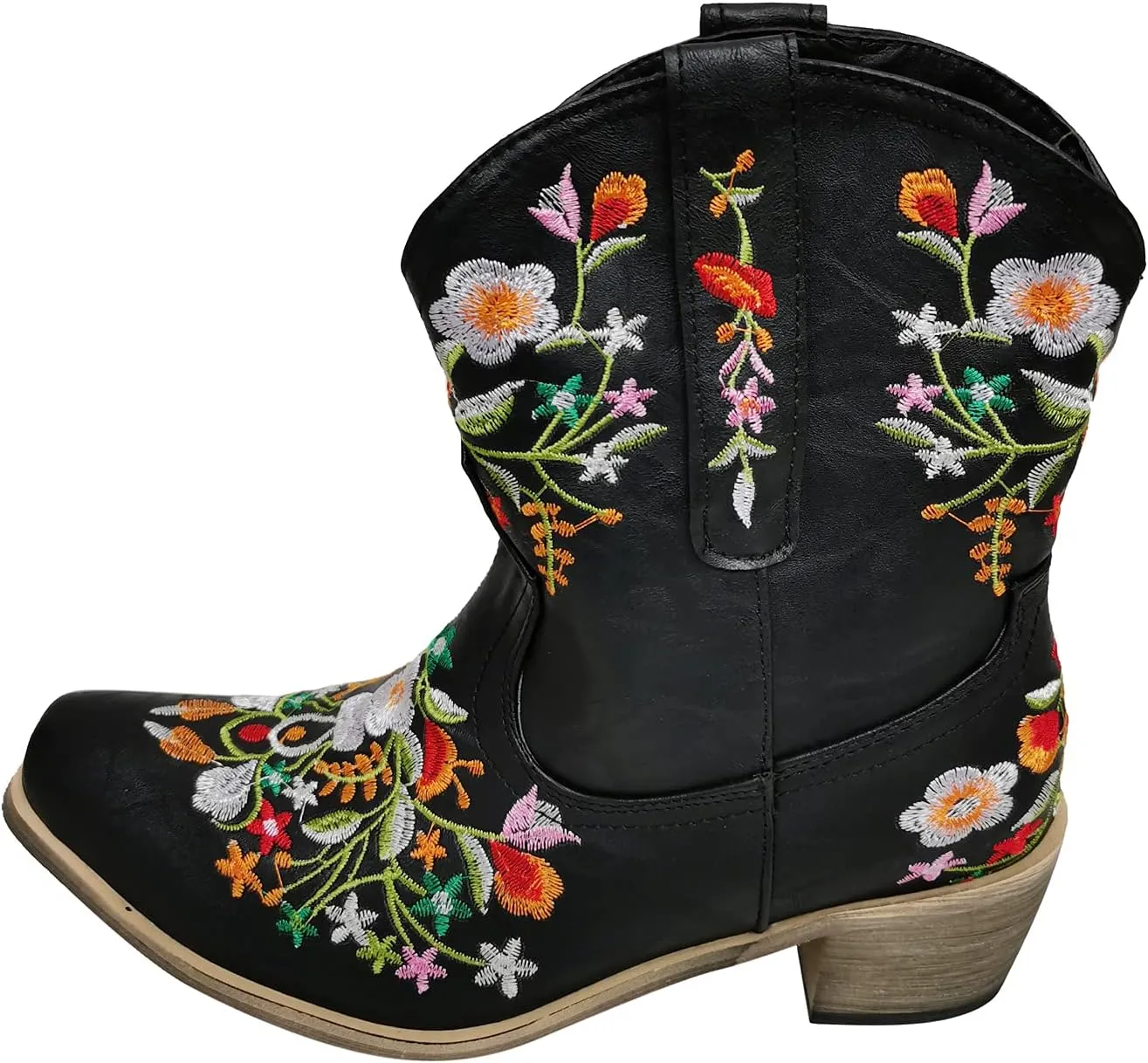 gloryinterest Cowboy Boots for Women Ankle Cowgirl Boots Western Flower Embroidered Square Toe Chunky Heel Stitched Retro Black Brown Red Blue Yellow Purple US5.5-10.5