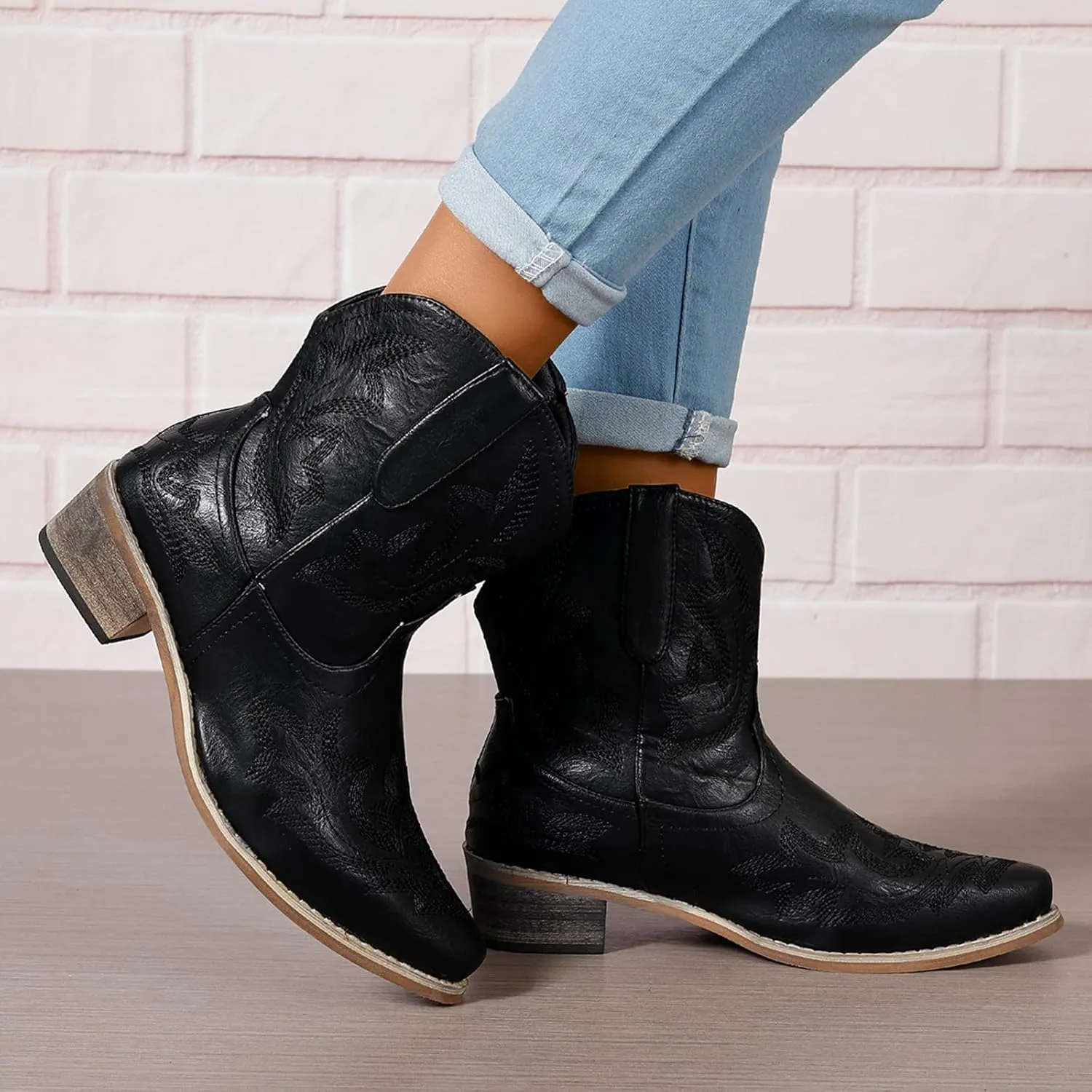gloryinterest Cowboy Boots for Women Booties Ankle Cowgirl Western Boots Stitched Embroidered Pointed Toe Short Chunky Classic Brown Red Blue US6-10.5