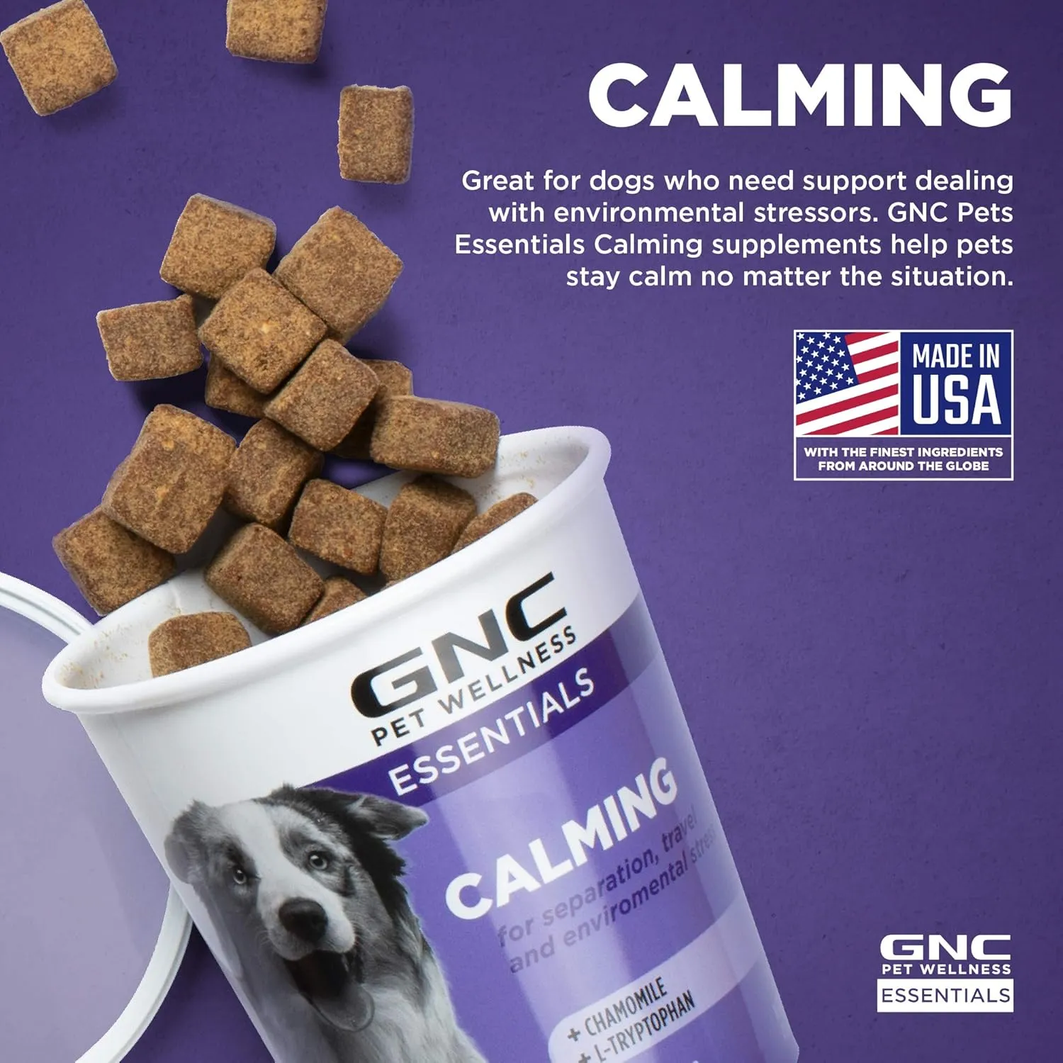 GNC for Pets Essentials Calming Soft Chew Dog Supplements | 60 Ct Bacon Flavor Dog Soft Chew Supplements for Calming and Relaxation | Adult Dog Calming Chews for Anxiety, White