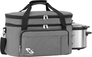 Golkcurx Double Layer Slow Cooker Bag for 6-8 Quart Oval CrockPot and Hamilton Beach Models, with Padded Adjustable Strap, Top Zip Compartment, and Front Pocket for Utensils(Bag Only)