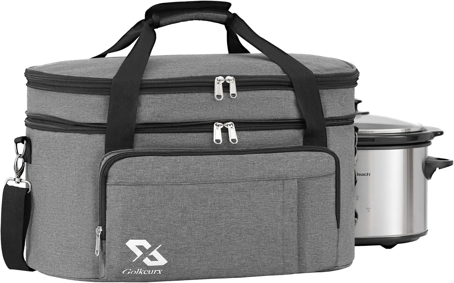 Golkcurx Double Layer Slow Cooker Bag for 6-8 Quart Oval CrockPot and Hamilton Beach Models, with Padded Adjustable Strap, Top Zip Compartment, and Front Pocket for Utensils(Bag Only)