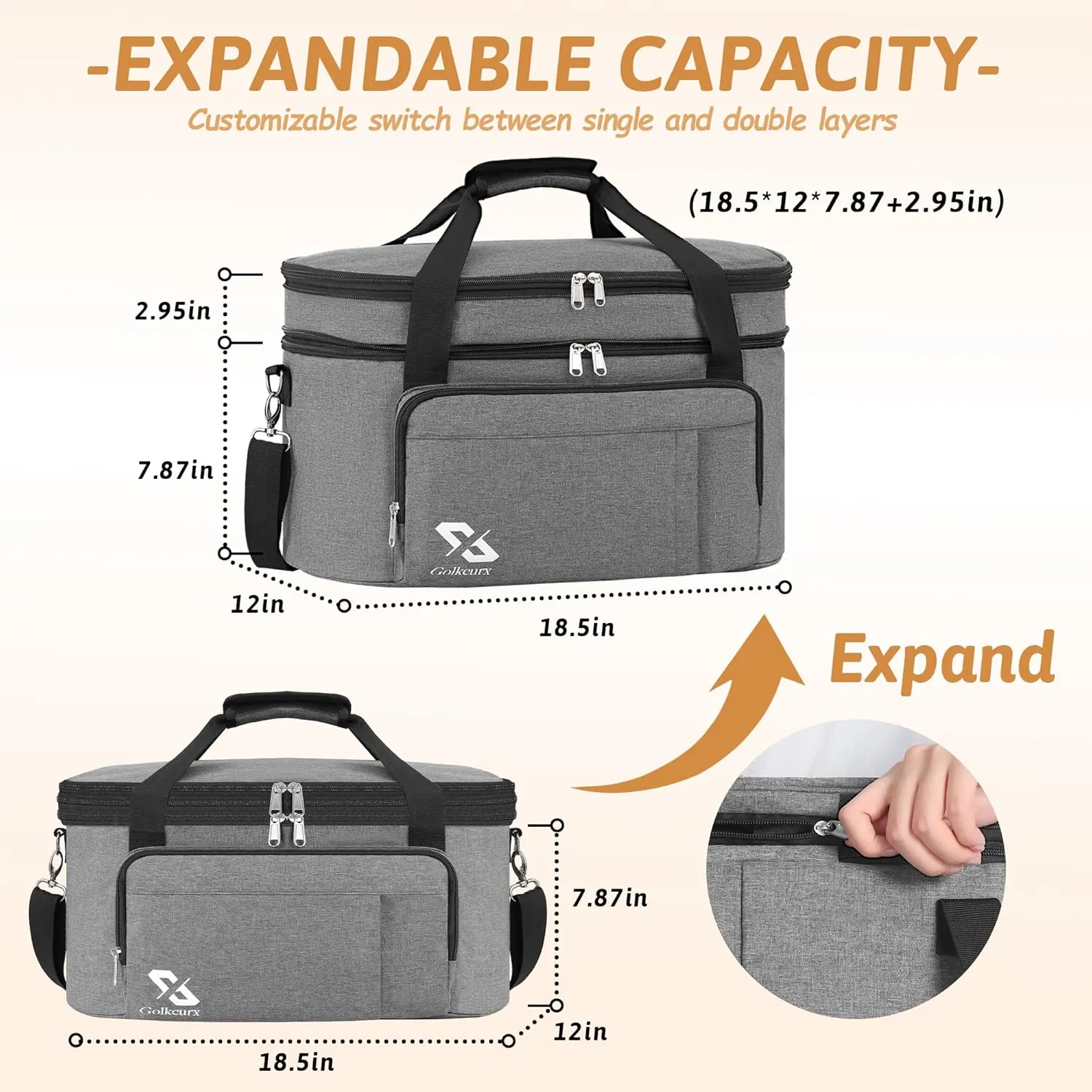 Golkcurx Double Layer Slow Cooker Bag for 6-8 Quart Oval CrockPot and Hamilton Beach Models, with Padded Adjustable Strap, Top Zip Compartment, and Front Pocket for Utensils(Bag Only)