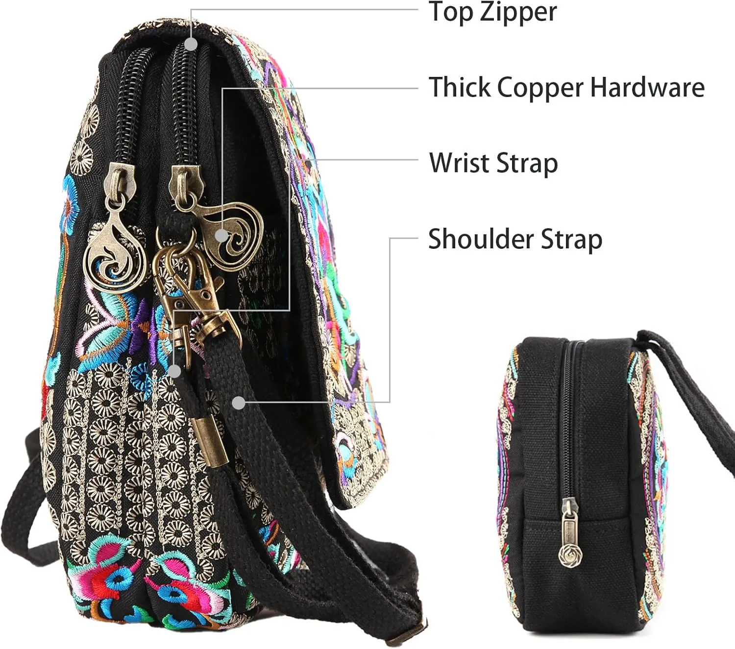 Goodhan Flowers Embroidery Canvas Crossbody Bag, Women Messenger Bag, Cellphone Pouch Purse