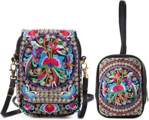 Goodhan Flowers Embroidery Canvas Crossbody Bag, Women Messenger Bag, Cellphone Pouch Purse
