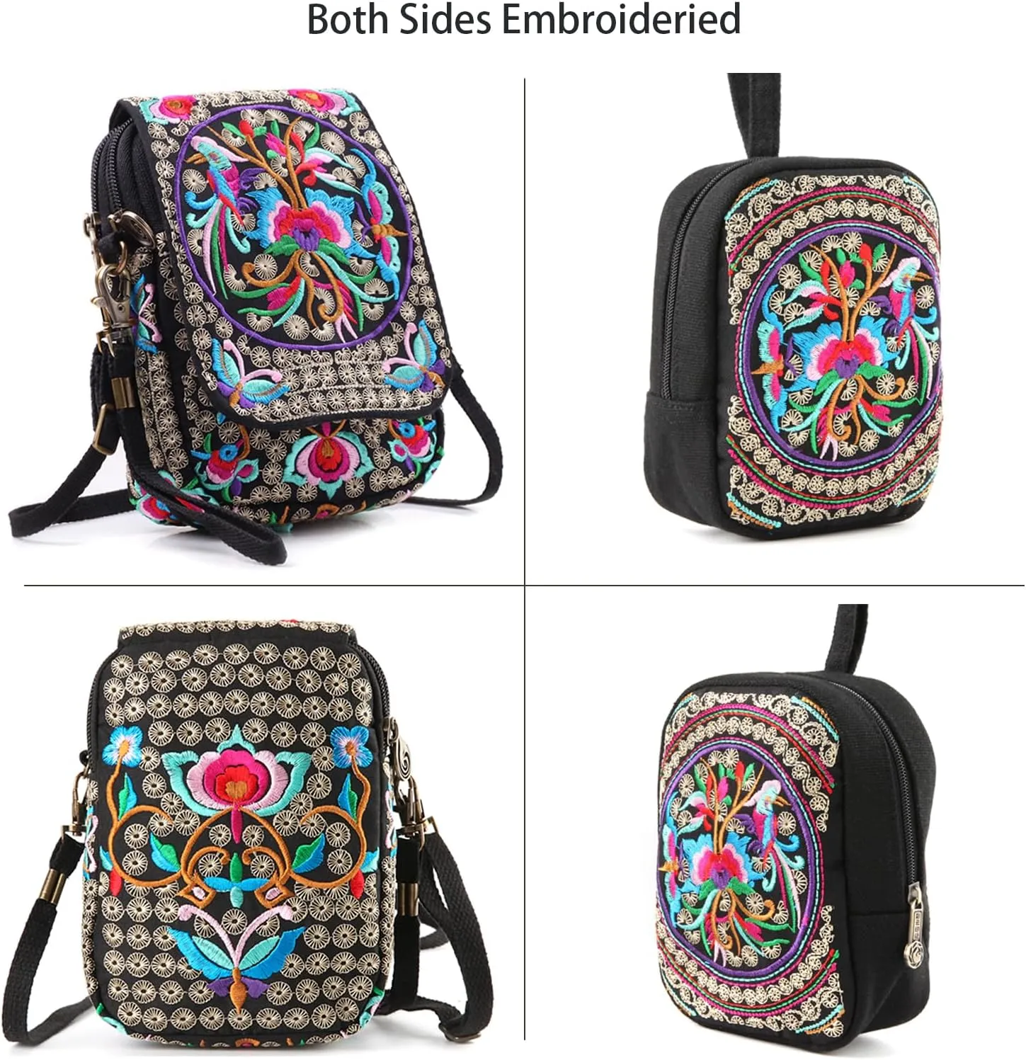 Goodhan Flowers Embroidery Canvas Crossbody Bag, Women Messenger Bag, Cellphone Pouch Purse