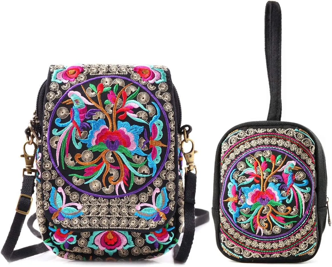 Goodhan Flowers Embroidery Canvas Crossbody Bag, Women Messenger Bag, Cellphone Pouch Purse