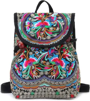 Goodhan Vintage Embroidered Women Backpack Ethnic Travel Handbag Shoulder Bag, 9.8 x 8.2 x 3.9 inch