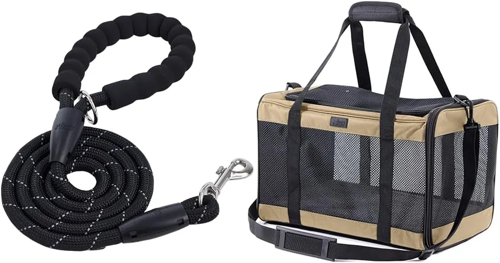 Gorilla Grip Heavy Duty Dog Leash and Airline Travel Cat Carrier Bag, Leash Size 6 feetx1/2 inch Black, Soft Handle, Bag Up to 15 Lbs Beige, Portable Kennel, 2 Item Bundle