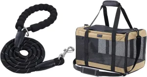 Gorilla Grip Heavy Duty Dog Leash and Airline Travel Cat Carrier Bag, Leash Size 6 feetx1/2 inch Black, Soft Handle, Bag Up to 15 Lbs Beige, Portable Kennel, 2 Item Bundle