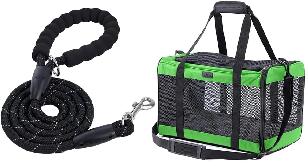 Gorilla Grip Heavy Duty Dog Leash and Airline Travel Cat Carrier Bag, Leash Size 6 feetx1/2 inch Black, Soft Handle, Bag Up to 15 Lbs Light Green, Portable Kennel, 2 Item Bundle
