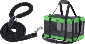 Gorilla Grip Heavy Duty Dog Leash and Airline Travel Cat Carrier Bag, Leash Size 6 feetx1/2 inch Black, Soft Handle, Bag Up to 15 Lbs Light Green, Portable Kennel, 2 Item Bundle