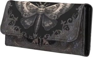 Goth Moth Purse Black PU Leather Slim Wallet for Women, Gothic Floral Long Trifold Clutch Checkbook Wallets with Zipper Pocket, Vintage Victorian Purse Credit Card Holder