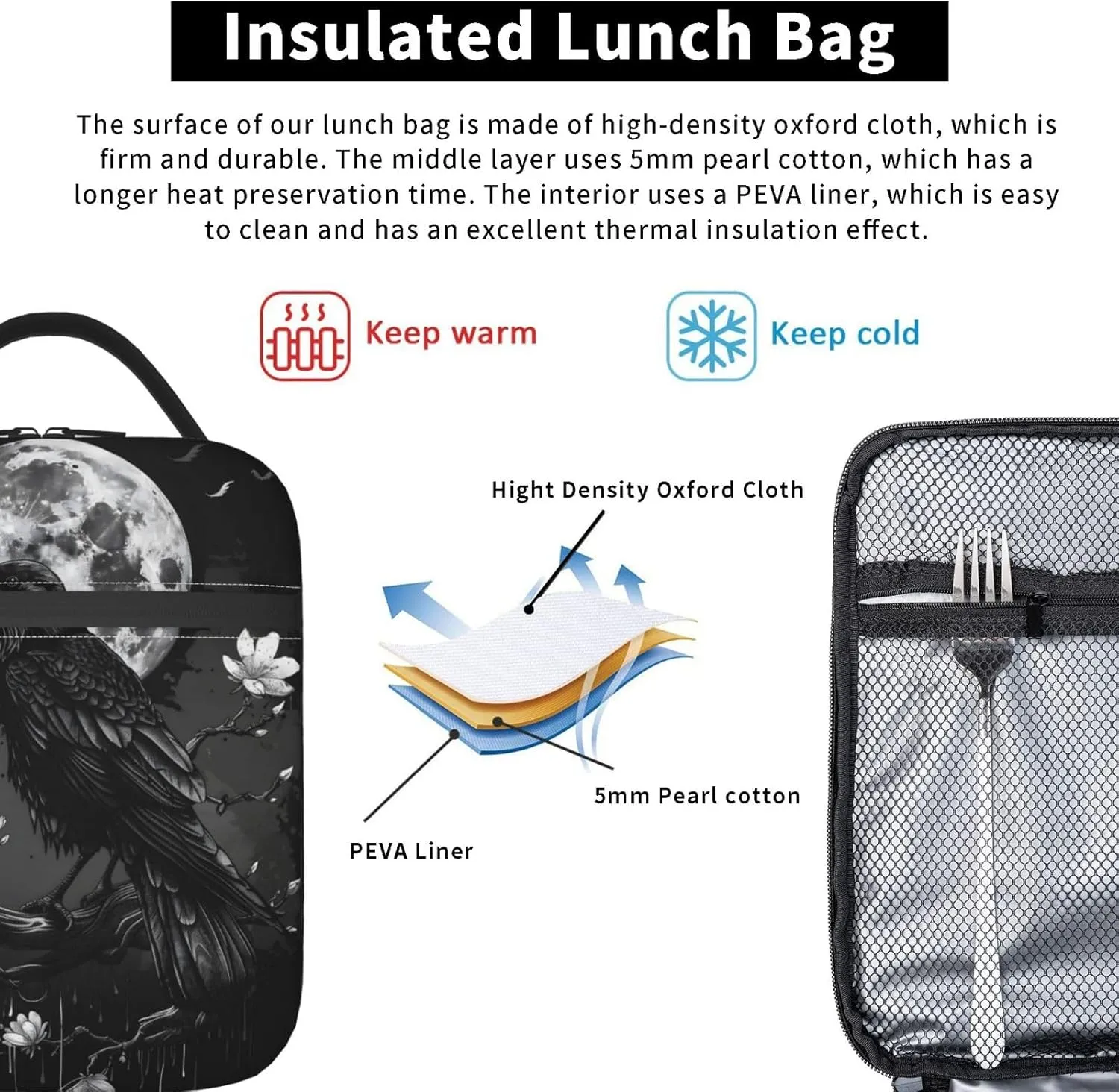 Gothic Raven and Moon Lunch Box for Women Men, Insulated Lunch Box, Reusable Lunch Bag for Office, Work, Picnic, Travel