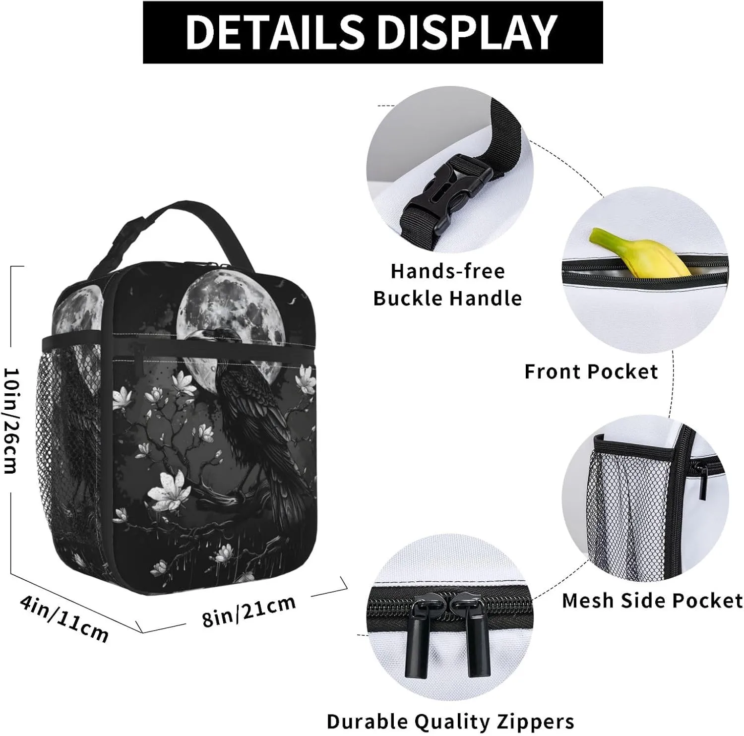 Gothic Raven and Moon Lunch Box for Women Men, Insulated Lunch Box, Reusable Lunch Bag for Office, Work, Picnic, Travel