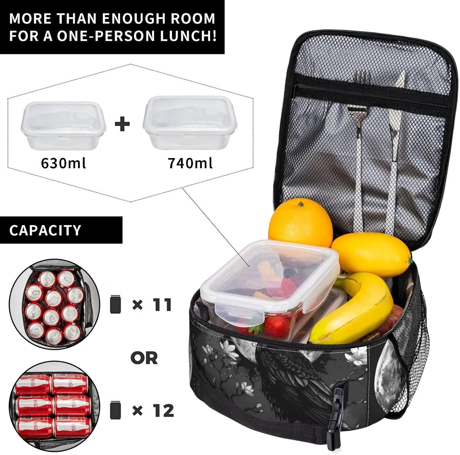Gothic Raven and Moon Lunch Box for Women Men, Insulated Lunch Box, Reusable Lunch Bag for Office, Work, Picnic, Travel