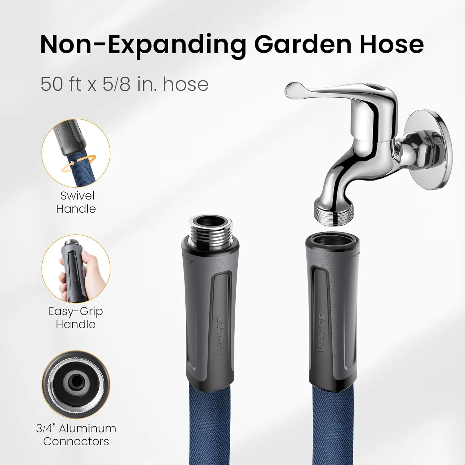 Gotron Garden Hose 50ft, Non-Expanding Lightweight Water Hose with 7 Function Nozzle & 360° Swivel Grip, Flexible, Kink-Free, Wear-Resistant, Leak-Proof, 3/4" Thickened Connector, Yard, Garden