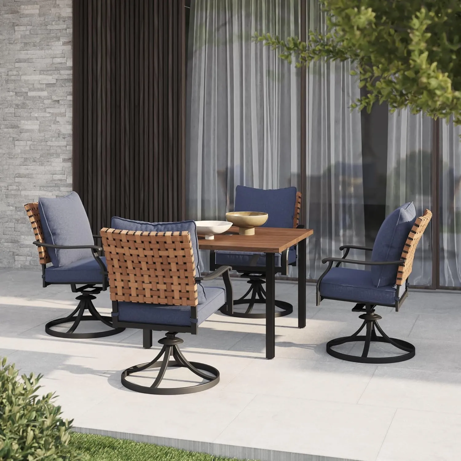 Grand patio 5-Piece Outdoor Dining Set, 4 Leather-Look Wicker Swivel Blue Patio Chairs & 1 Square Woodgrain Dining Table, Brown