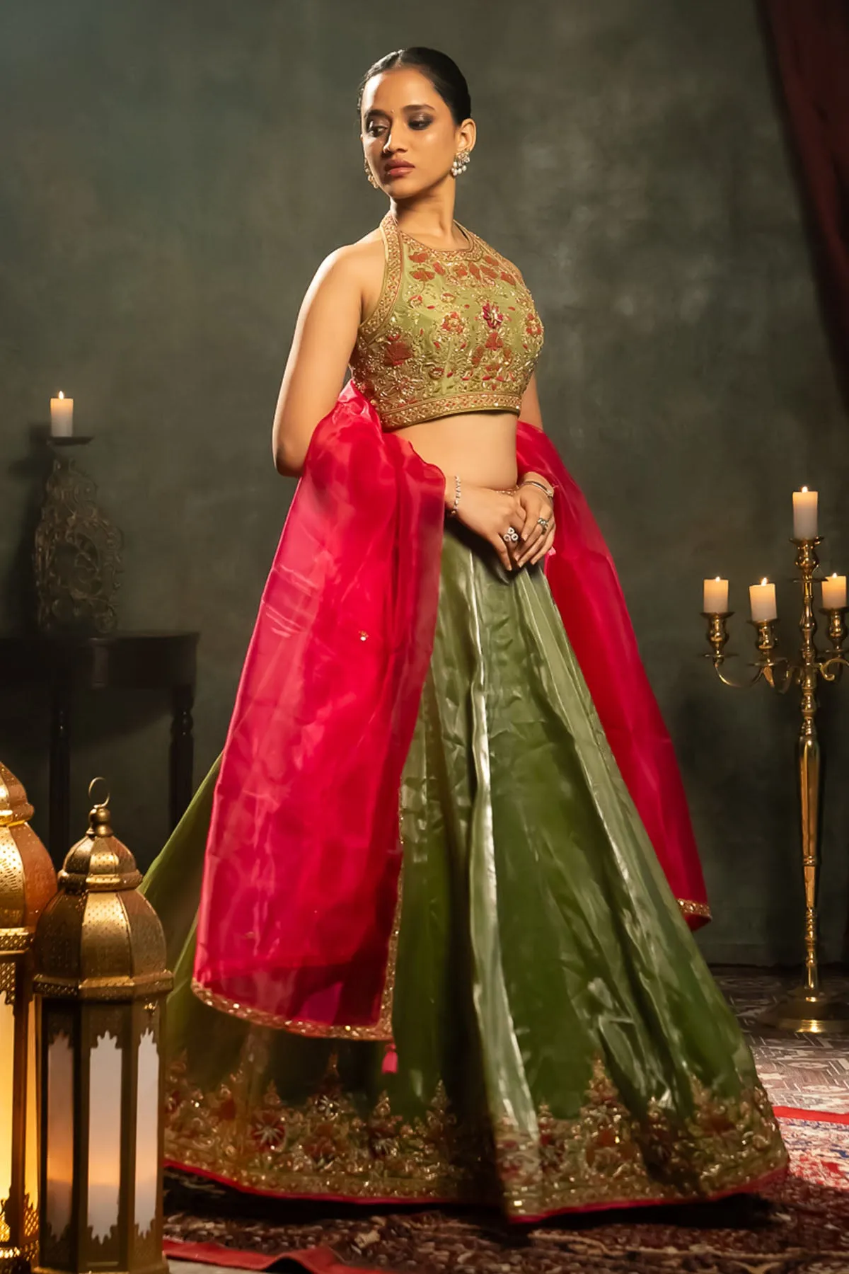 Green Halter Neck Lehenga Set