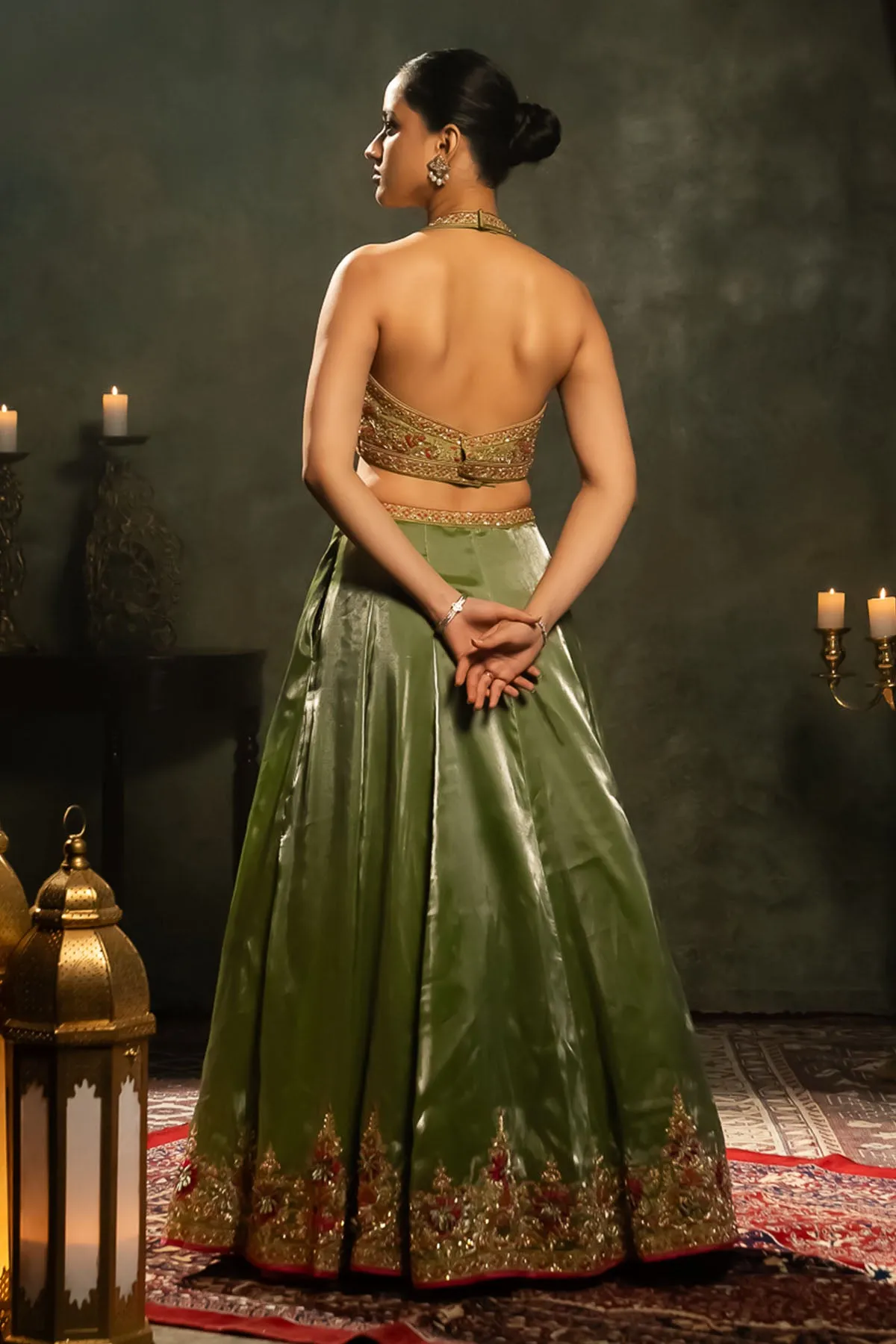 Green Halter Neck Lehenga Set