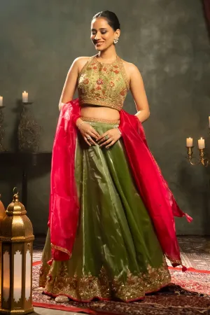 Green Halter Neck Lehenga Set