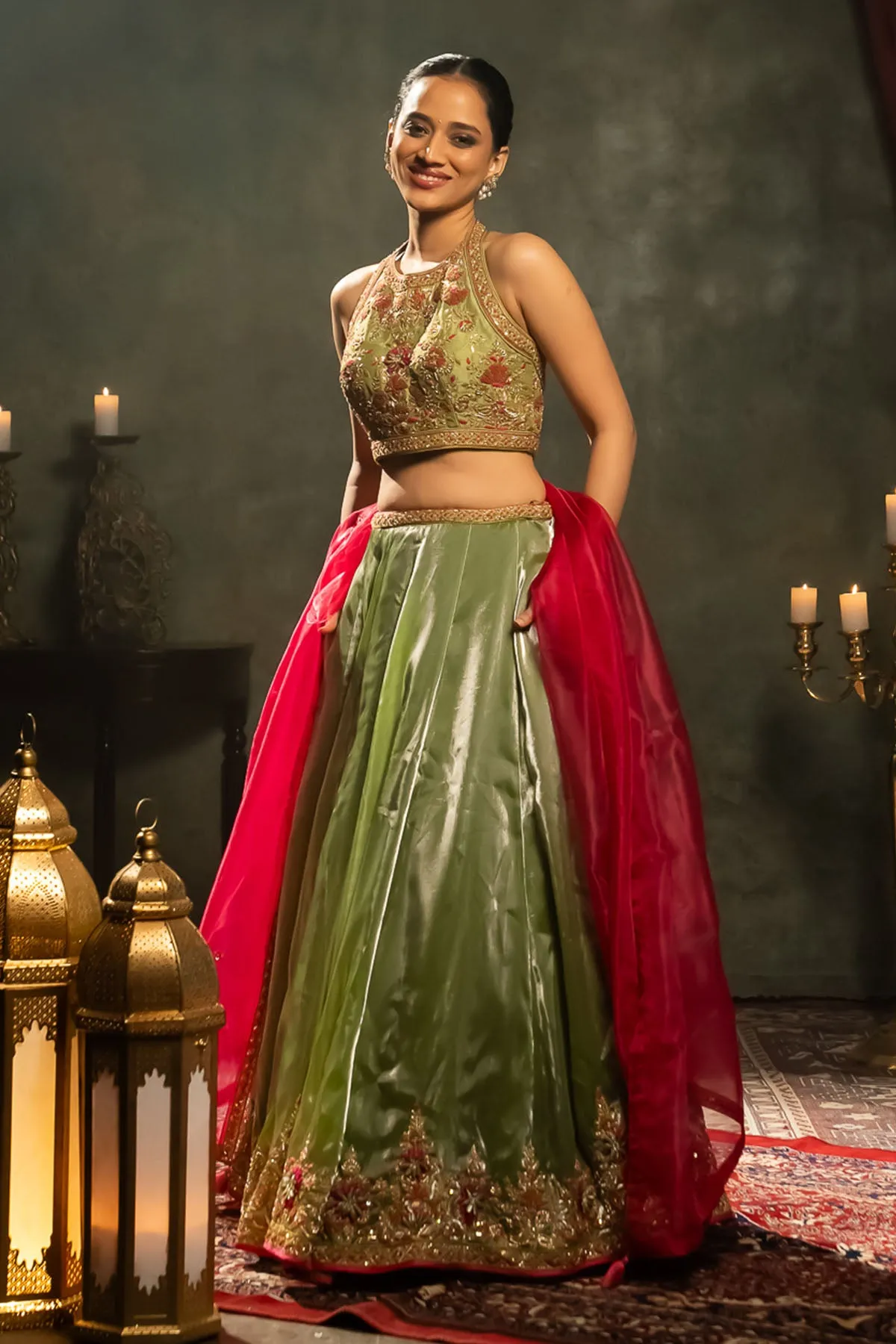 Green Halter Neck Lehenga Set