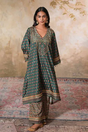 Green Printed Embroidered Kurta
