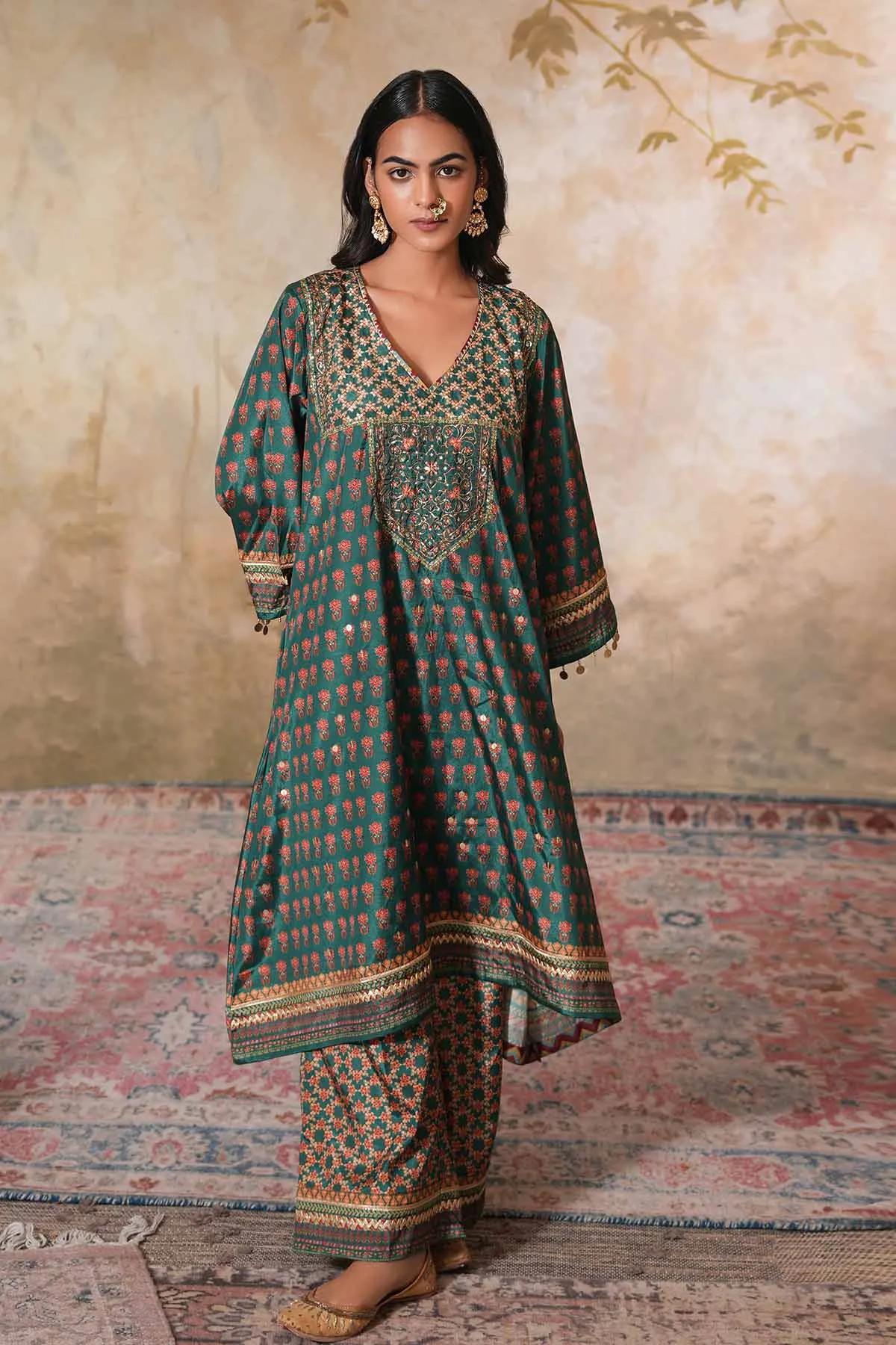 Green Printed Embroidered Kurta
