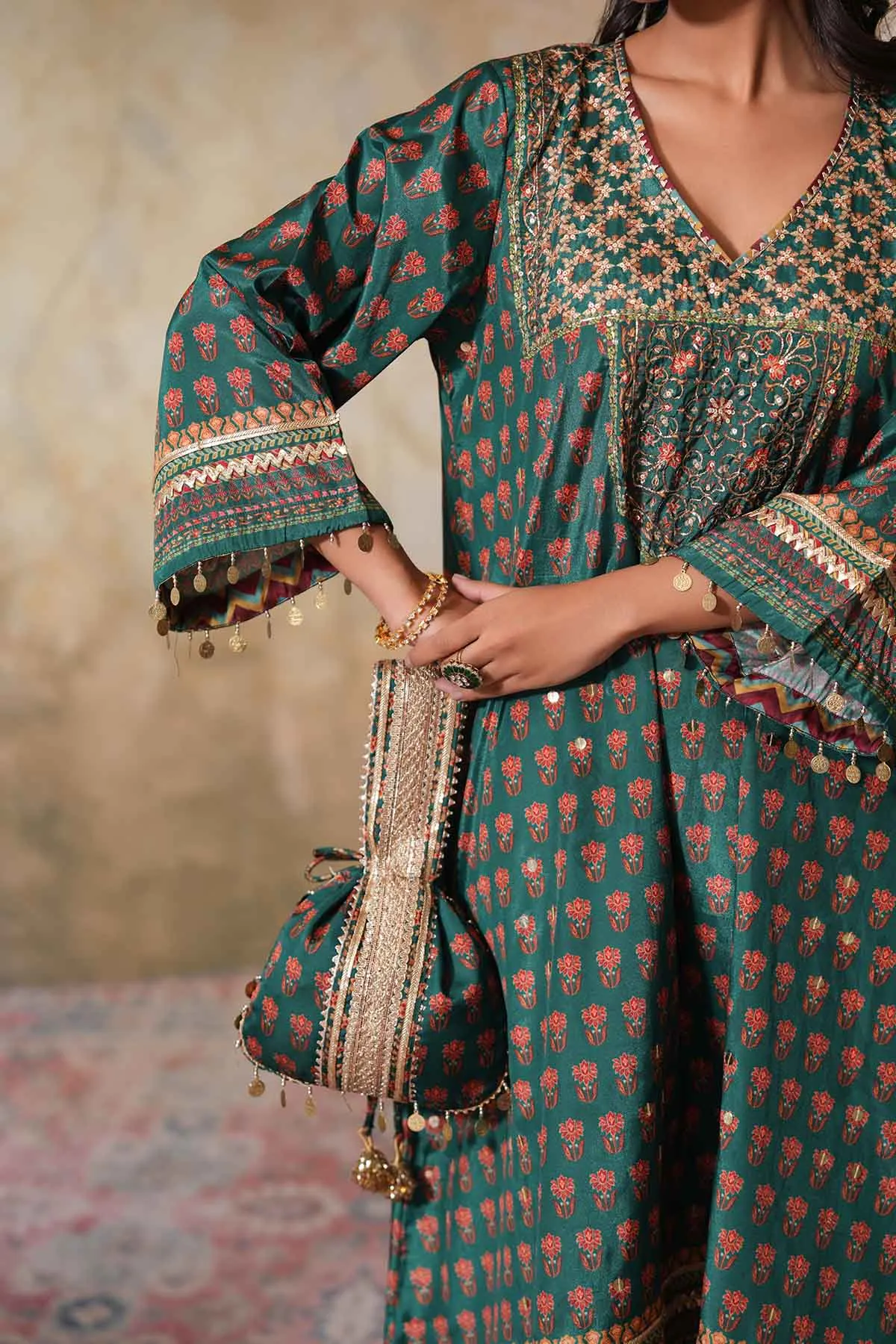 Green Printed Embroidered Kurta
