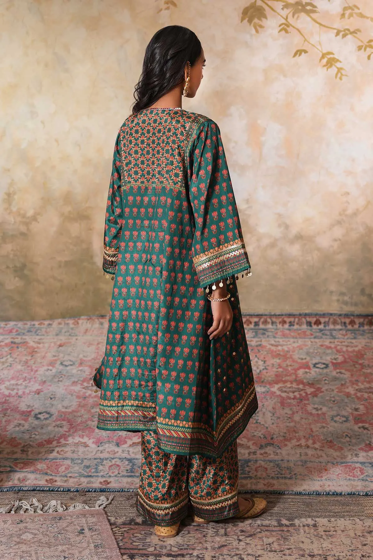Green Printed Embroidered Kurta