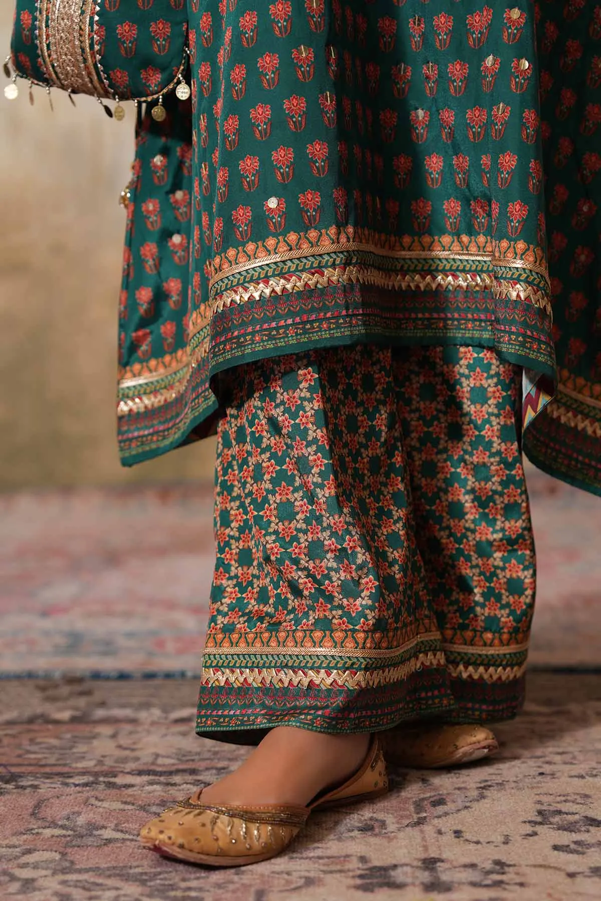 Green Printed Embroidered Kurta
