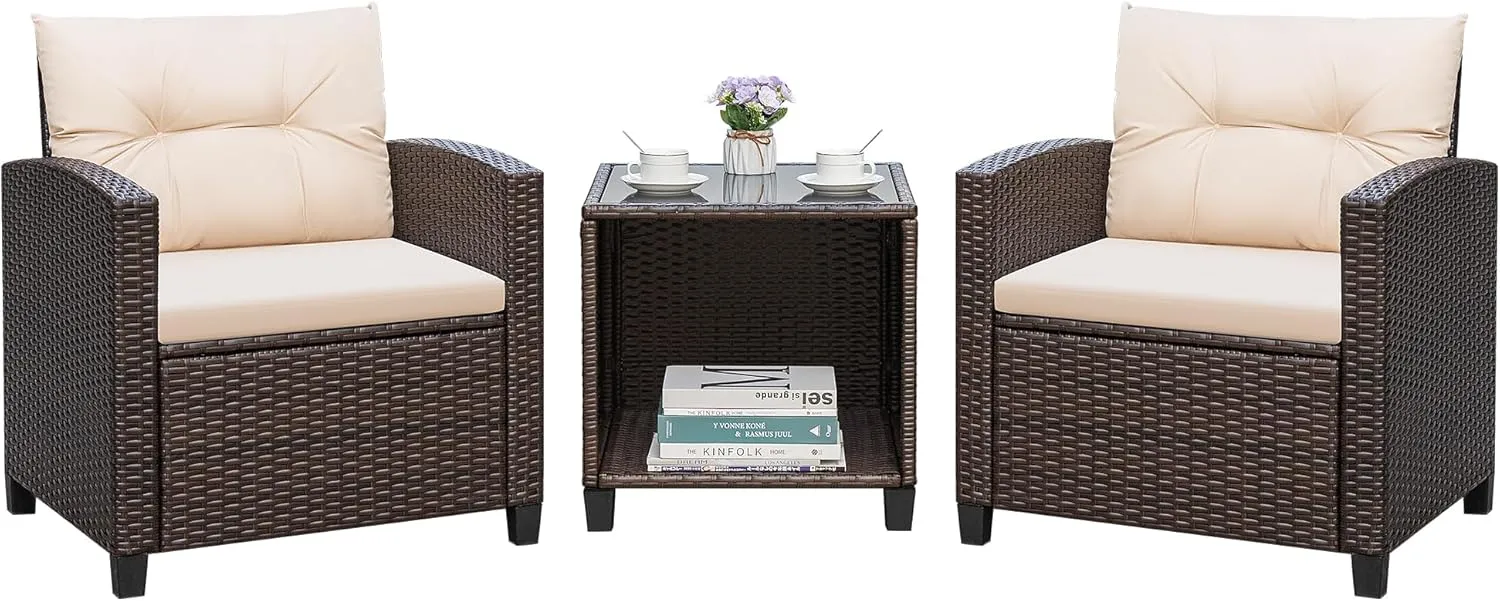 Greesum 3 Pieces Patio Furniture Sets Outdoor PE Rattan Wicker Chairs with Soft Cushion and Glass Coffee Table for Garden Backyard Porch Poolside, Beige