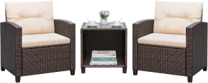 Greesum 3 Pieces Patio Furniture Sets Outdoor PE Rattan Wicker Chairs with Soft Cushion and Glass Coffee Table for Garden Backyard Porch Poolside, Beige