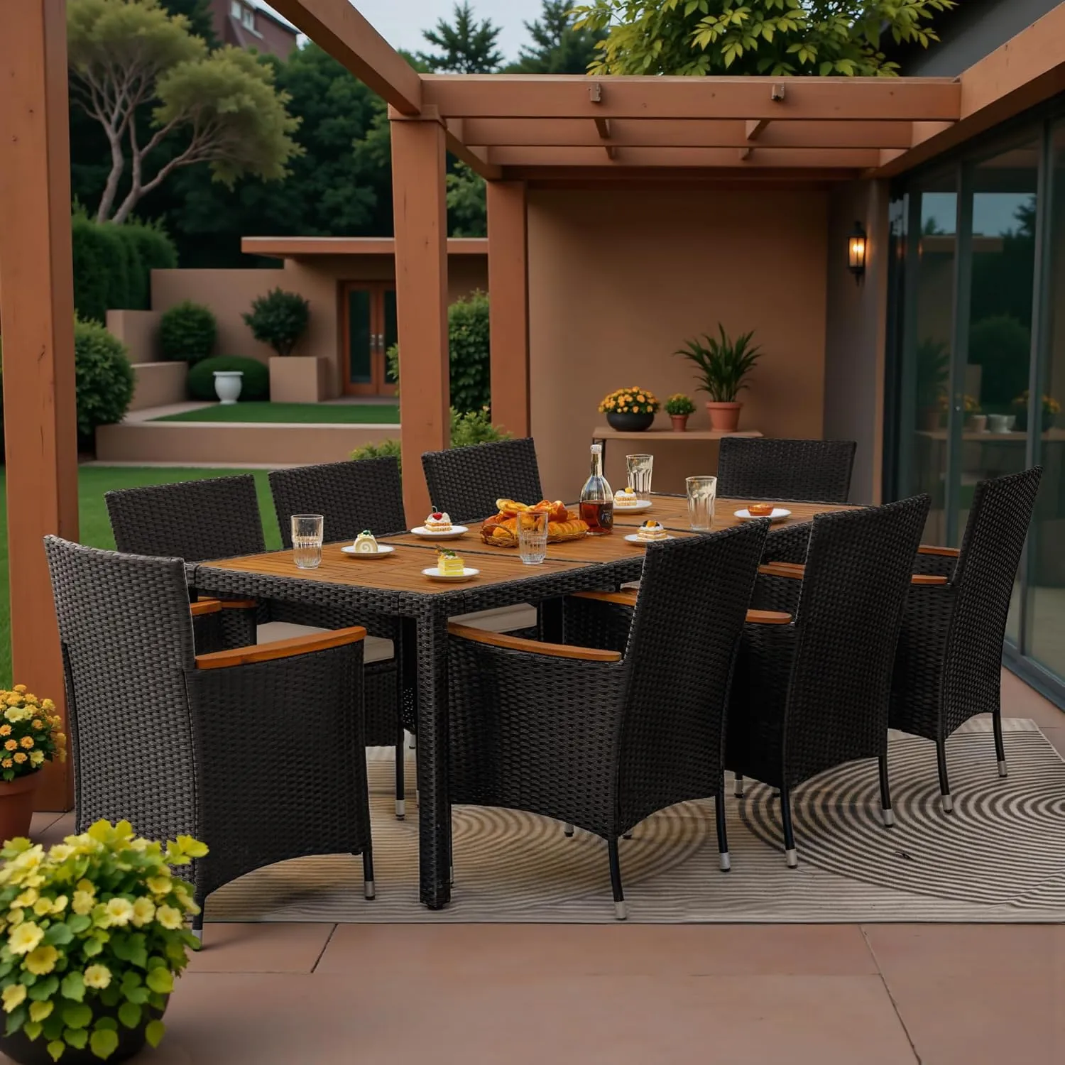 Greesum 9 Pieces Outdoor Patio Dining Set, Conversation Sets with 1 Table and 8 Rattan Chairs with Curved Acacia Wooden Armrests and Cushions, Black