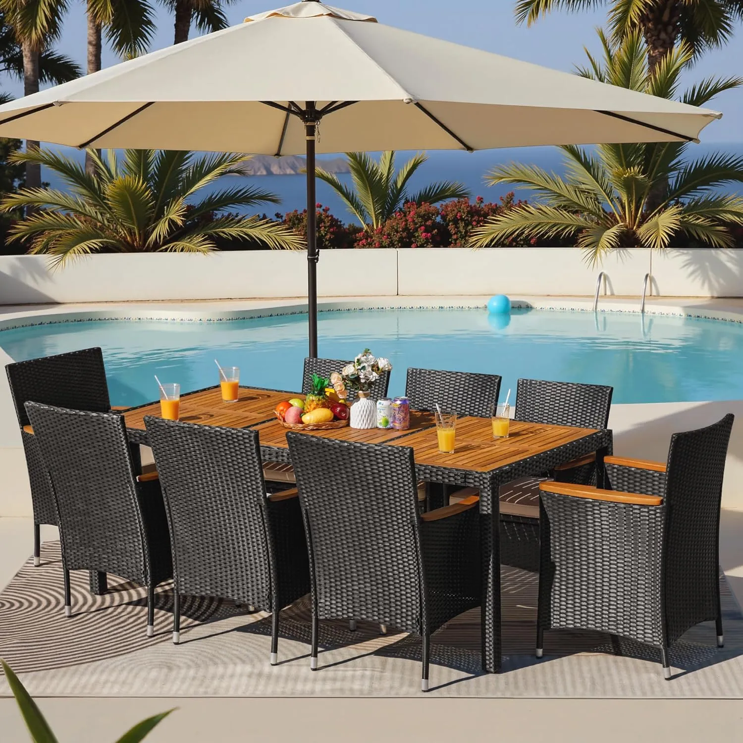 Greesum 9 Pieces Outdoor Patio Dining Set, Conversation Sets with 1 Table and 8 Rattan Chairs with Curved Acacia Wooden Armrests and Cushions, Black