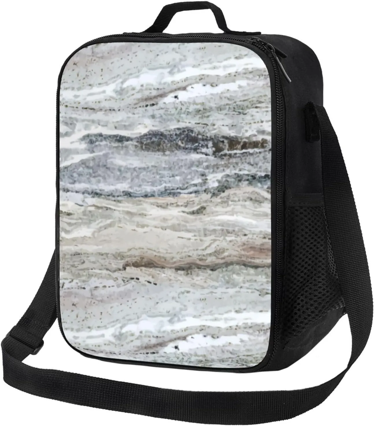 Grey Granite Stone Look Pattern Lunch Tote Bag With Adjustable Shoulder Strap - Lunch Bag With Pockets For Work, Study And Picnic (10.5 X 8 X 4.5 Inches)