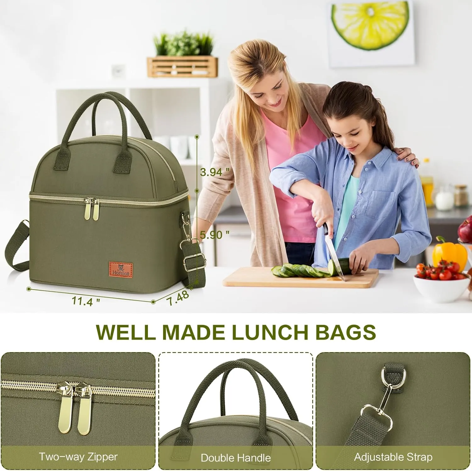 Hafmall 13L Large Lunch Bag for Women, Loncheras para Mujer, Insulated Adult Lunch Tote Box for Work with Shoulder Strap, 3.5Gallon, Greeen