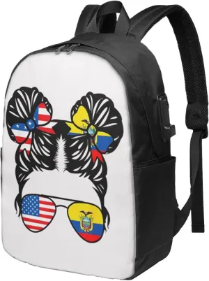 Half American Half Ecuadorian Women Ecuador Flag Travel Backpack 17-Inch Laptop Backpacks Business Rucksack Casual Sport Daypack with USB Charging Port Carry-on Bag for Camping Biking