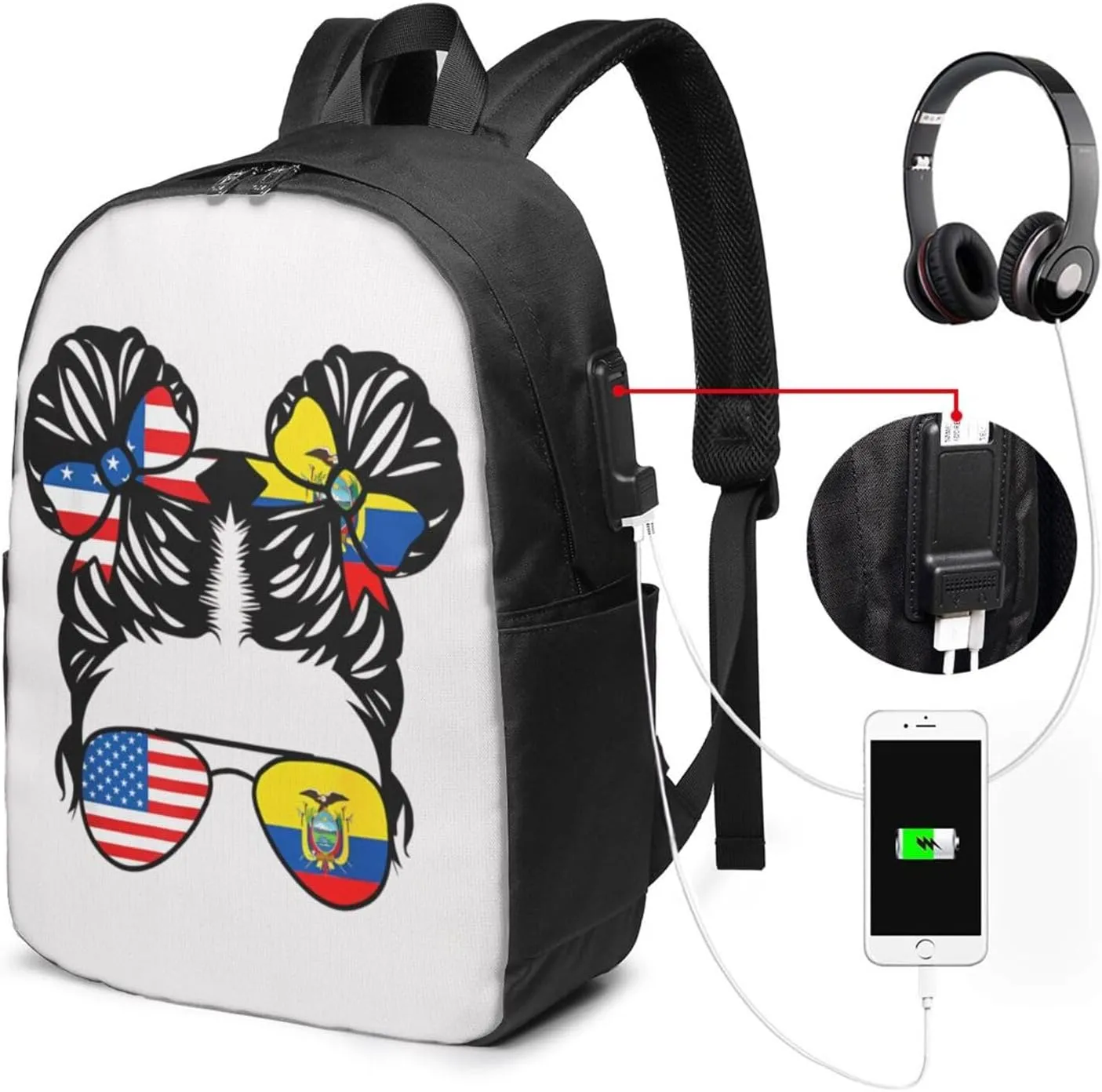 Half American Half Ecuadorian Women Ecuador Flag Travel Backpack 17-Inch Laptop Backpacks Business Rucksack Casual Sport Daypack with USB Charging Port Carry-on Bag for Camping Biking