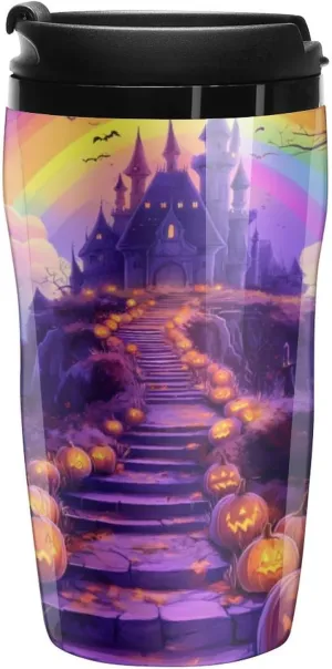 Halloween Pumpkins Haunted House Rainbows Coffee Mug with Lid Portable Tumbler Water Bottle for Travel Business 250ml
