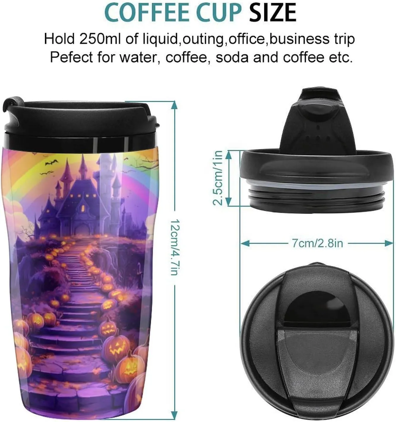 Halloween Pumpkins Haunted House Rainbows Coffee Mug with Lid Portable Tumbler Water Bottle for Travel Business 250ml