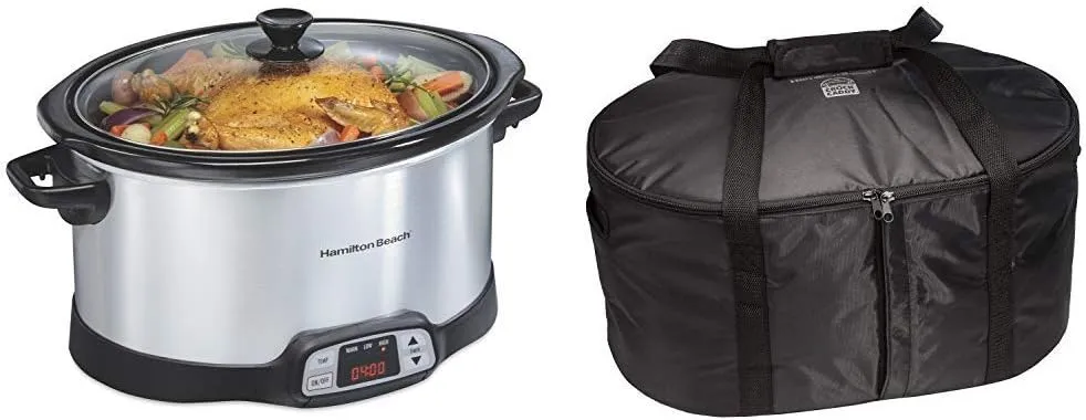Hamilton Beach 8-Quart Programmable Slow Cooker With Digital Timer, Silver (33480) & Travel Case, Carrier Insulated Bag for 4, 5, 6, 7 & 8 Quart Slow Cookers (33002),Black