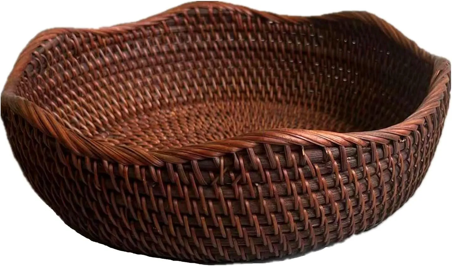 Handmade Rattan Round Fruit Basket Food Storage Bowls Kitchen Organizer Snack Serving Bowl 11 Inch Wavy Edge Circle Tray Basket with 3” Deep Wall, Dark Brown Décor Display Tray Bowl, L